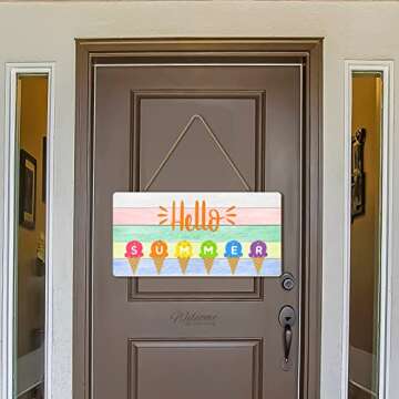 Hello Summer Door Sign Ice Cream Summer Decor Sign Beach Hanging Door Signs for Home Farmhouse Summer Home Decorations with Rope Colorful Summer Wall Decor for Wall Front Porch, 12 x 6 x 0.2 Inch