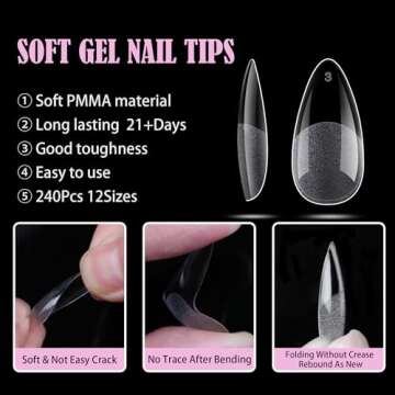 Carmu Medium Almond Gel Nail Tips, 240pcs Soft Acrylic Nail Tips Half Matte Pre-shape Full Cover Med...