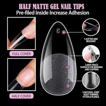 Carmu Medium Almond Gel Nail Tips, 240pcs Soft Acrylic Nail Tips Half Matte Pre-shape Full Cover Medium Almond Press on False Nails Tips for Nail Extension Nail Salon DIY Ideal Gifts 12 Sizes
