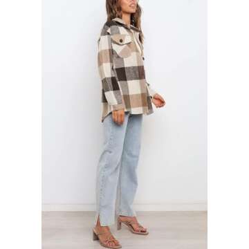 AUTOMET Womens Fall Outfits Fashion Clothes Shackets Flannel Plaid Button Down Long Sleeve Shirts Jackets Brown L