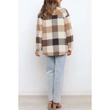 AUTOMET Womens Fall Outfits Fashion Clothes Shackets Flannel Plaid Button Down Long Sleeve Shirts Jackets Brown L