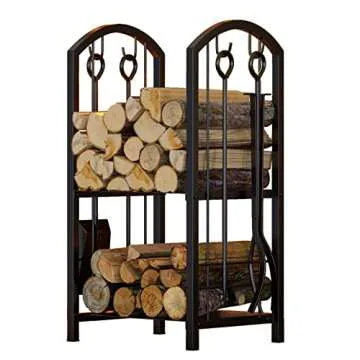 Fire Beauty Fireplace Firewood Log Rack 5-Piece Storage Logs Holder with Tools Set with 4 Tools Set Fireside Holders Wood Lumber Storage Stacking Black