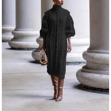 JEKYUARA Women's Cable Knit Sweater Midi Dress Turtleneck Long Sleeve Loose Tunic Plus Size Split Sweater Dresses for Fall Black