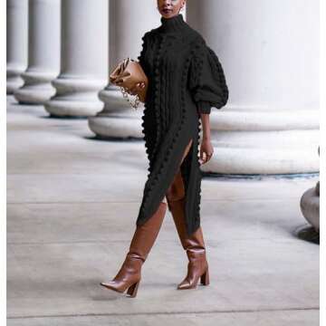 JEKYUARA Women's Cable Knit Sweater Midi Dress Turtleneck Long Sleeve Loose Tunic Plus Size Split Sweater Dresses for Fall Black