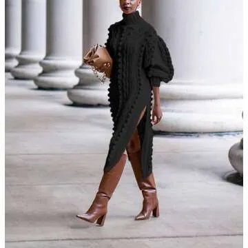 JEKYUARA Women's Cable Knit Sweater Midi Dress Turtleneck Long Sleeve Loose Tunic Plus Size Split Sweater Dresses for Fall Black