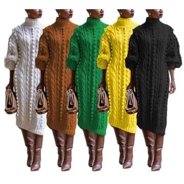 JEKYUARA Women's Cable Knit Sweater Midi Dress Turtleneck Long Sleeve Loose Tunic Plus Size Split Sweater Dresses for Fall Black
