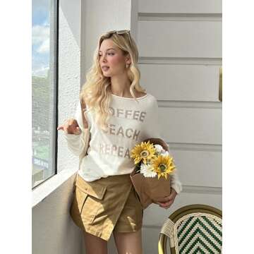 Onedreamer Womens Sweater Casual Crew Neck Long Sleeve Coffee Beach Repeat Pullover Top