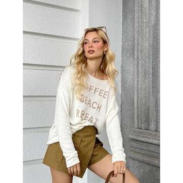 Onedreamer Womens Sweater Casual Crew Neck Long Sleeve Coffee Beach Repeat Pullover Top