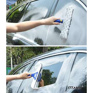 ITTAHO Squeegee for Window Cleaning,12" Squeegee and 11" Microfiber Scrubber Combi with Stainless Steel Pole,Extendable Window Cleaner for Car,Sliding Door,Shower Glass Door-Swivel Style-2 Pads