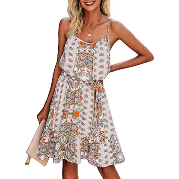 PRETTYGARDEN Women's Summer Spaghetti Strap Dresses Floral Print Crewneck Sleeveless Ruffle Mini Sho...