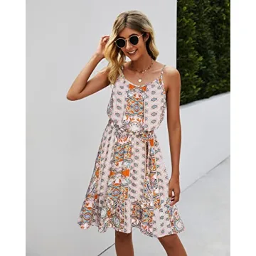 PRETTYGARDEN Women's Summer Spaghetti Strap Dresses Floral Print Crewneck Sleeveless Ruffle Mini Short Dress with Belt (Grey, Large)