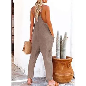 AlvaQ Jumpsuits Summer Baggy Overalls One Piece Jumpsuit Womens Comfy Spaghetti Strap Loose Long Rompers for Women with Pocket Spring Outfits Brown Small
