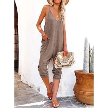 AlvaQ Jumpsuits Summer Baggy Overalls One Piece Jumpsuit Womens Comfy Spaghetti Strap Loose Long Rompers for Women with Pocket Spring Outfits Brown Small