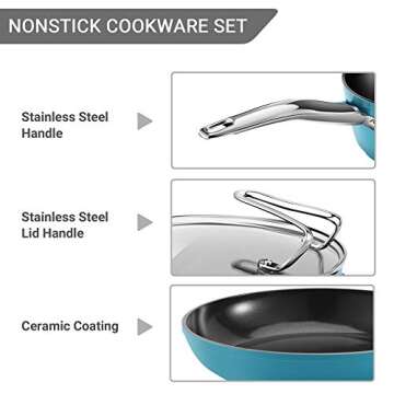 Nonstick Pot and Pan Cooking Set, REDMOND Kitchen Ceramic Cookware Set for Stovetops, Induction Cooktops, Dishwasher/Oven Safe, 8 Pieces, Blue