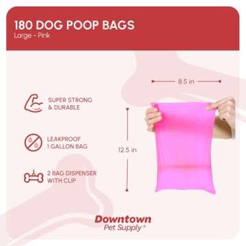 Downtown Pet Supply Poop Bags for Dogs with Dispenser, 180 Count - Leak-Proof Dog Waste Bags and Bon...
