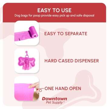 Downtown Pet Supply Poop Bags for Dogs with Dispenser, 180 Count - Leak-Proof Dog Waste Bags and Bone-Shaped Dog Poop Bags Holder for Leash - Pink, 12.5" x 8.5"