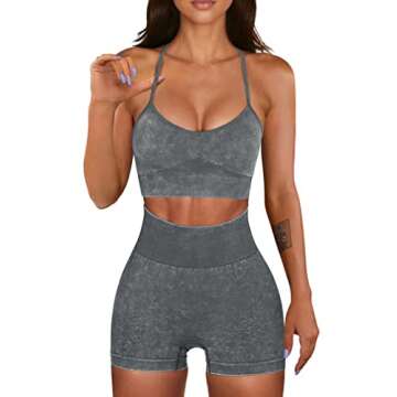 OQQ Workout Outfit for Women 2 Piece Seamless Acid Wash High Waist Shorts With Sports Bra Exercise Set Grey