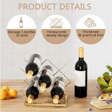 Urban Deco Gold Wine Rack Small Countertop for Cabinets – 5 Wine Holder Countertop Stylish and Compact Small Wine Racks