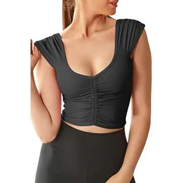 Women Workout Tops Sleeveless Yoga Longline Sports Bra Cutout Short Sleeve Crop Tank Top Gym Running Athletic Shirt U-Back