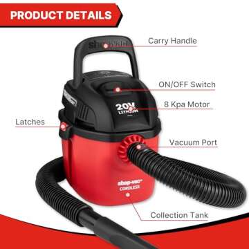 Shop-Vac Wet Dry Cordless Vacuum Cleaner, 8.0 Peak Kpa Cordless Vacuum Cleaner with Collapsible Handle Wall Bracket & Multifunctional Attachments, Portable Compact Shop Vacuum for Home, Car, Jobsite