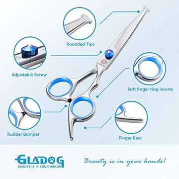 GLADOG Professional 5 in 1 Dog Grooming Scissors Set with Safety Round Tips, Sharp and Heavy-duty Pe...