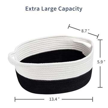 Cotton Rope Basket with Handle Small Basket Cotton Rope Laundry Basket Baby Laundry Basket Socks Blue Small Items Storage Basket (White and Black)