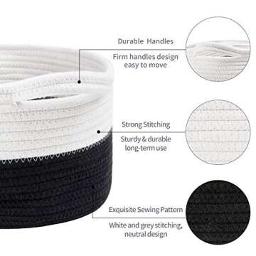 Cotton Rope Basket with Handle Small Basket Cotton Rope Laundry Basket Baby Laundry Basket Socks Blue Small Items Storage Basket (White and Black)