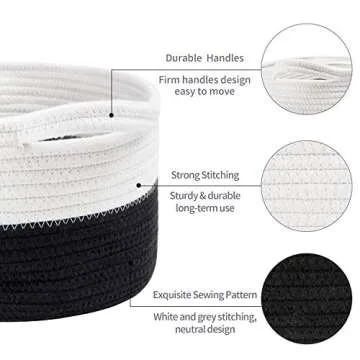 Cotton Rope Basket with Handle Small Basket Cotton Rope Laundry Basket Baby Laundry Basket Socks Blue Small Items Storage Basket (White and Black)