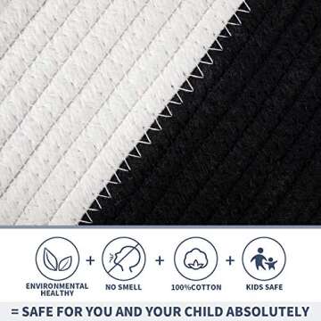 Cotton Rope Basket with Handle Small Basket Cotton Rope Laundry Basket Baby Laundry Basket Socks Blue Small Items Storage Basket (White and Black)