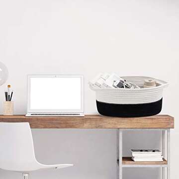 Cotton Rope Basket with Handle Small Basket Cotton Rope Laundry Basket Baby Laundry Basket Socks Blue Small Items Storage Basket (White and Black)