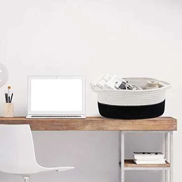 Cotton Rope Basket with Handle Small Basket Cotton Rope Laundry Basket Baby Laundry Basket Socks Blue Small Items Storage Basket (White and Black)