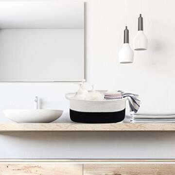 Cotton Rope Basket with Handle Small Basket Cotton Rope Laundry Basket Baby Laundry Basket Socks Blue Small Items Storage Basket (White and Black)