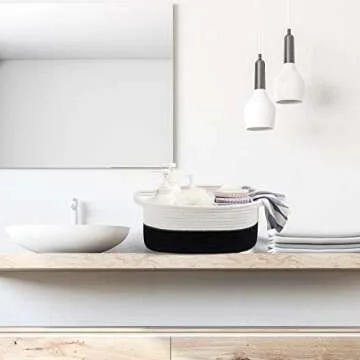 Cotton Rope Basket with Handle Small Basket Cotton Rope Laundry Basket Baby Laundry Basket Socks Blue Small Items Storage Basket (White and Black)