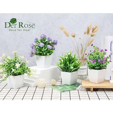 Der Rose 4 Pack Small Fake Plants Mini Artificial Faux Plants with Flowers for Home Room Farmhouse Bathroom Decor Indoor