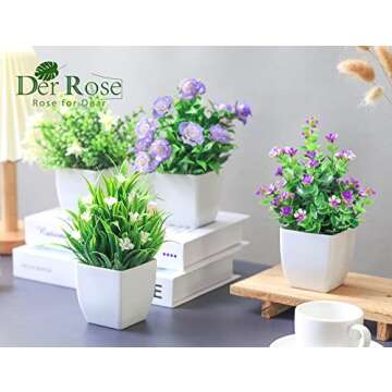 Der Rose 4 Pack Small Fake Plants Mini Artificial Faux Plants with Flowers for Home Room Farmhouse Bathroom Decor Indoor