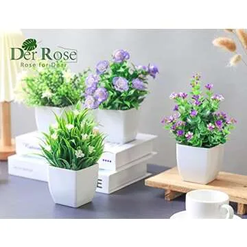 Der Rose 4 Pack Small Fake Plants Mini Artificial Faux Plants with Flowers for Home Room Farmhouse Bathroom Decor Indoor