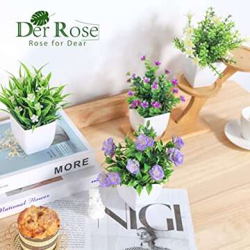 Der Rose 4 Pack Small Fake Plants Mini Artificial Faux Plants with Flowers for Home Room Farmhouse Bathroom Decor Indoor