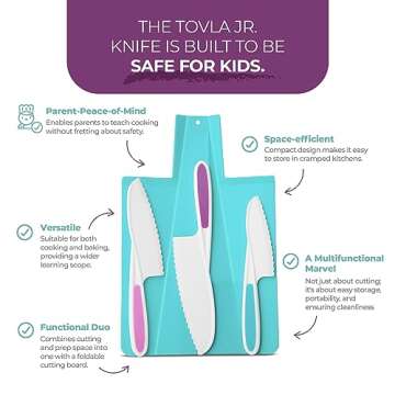 TOVLA JR. Kids Real Kitchen Knife and Foldable Cutting Board Set: Safe Children's Cooking Knives Firm Grip, Serrated Edges, BPA-Free Kids' Knives Lettuce and Salad