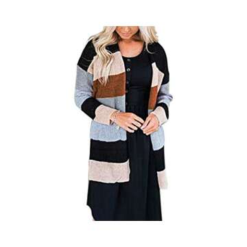 JUNBOON Women's Striped Long Sleeve Open Front Knit Cardigan Casual Pullover Sweater