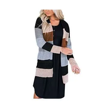 JUNBOON Women's Striped Long Sleeve Open Front Knit Cardigan Casual Pullover Sweater