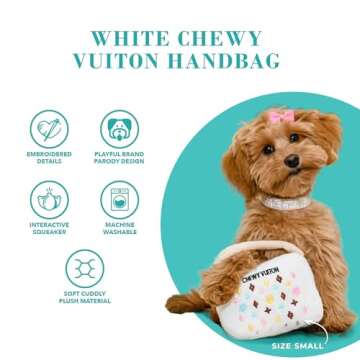 Haute Diggity Dog Chewy Vuiton White Purse, Plush Designer Dog Toys with Interactive Squeaker, Stimulating Pet Enrichment, Machine-Washable & Safe Materials for All Breeds, Size Medium