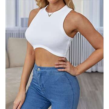 Abardsion Women's Crew Neck Racerback Knit Ribbed Basic Sleeveless Crop Tank Tops (White,L)