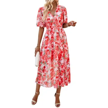 UEAL Floral Dress for Women Valentine's Spring Wedding Guest Midi Dresses for 2025 Large Red