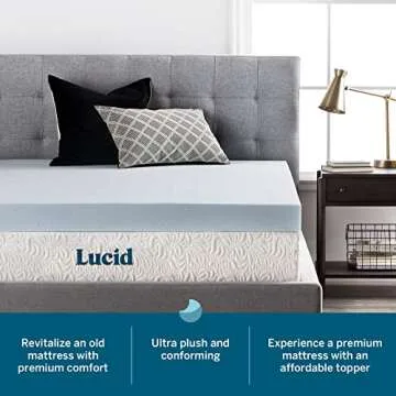 LUCID 4 Inch Gel Memory Foam Mattress Topper, Ventilated Design, Ultra Plush, CertiPUR-US Certified, Queen, Blue