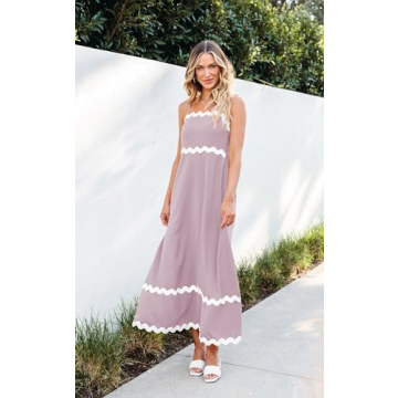 Angashion Women Summer Maxi Dress - Casual Spaghetti Strap Backless RIC Rac Fashion Flowy Long Beach Sundresses Pink Small