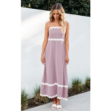 Angashion Women Summer Maxi Dress - Casual Spaghetti Strap Backless RIC Rac Fashion Flowy Long Beach Sundresses Pink Small