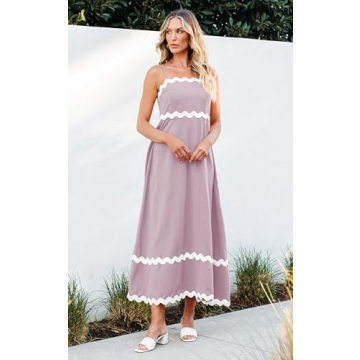 Angashion Women Summer Maxi Dress - Casual Spaghetti Strap Backless RIC Rac Fashion Flowy Long Beach Sundresses Pink Small