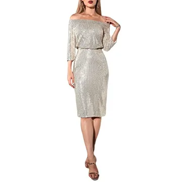 Floerns Women's Off Shoulder 3/4 Sleeve Sequin Evening Party Bodycon Midi Dress Silver L