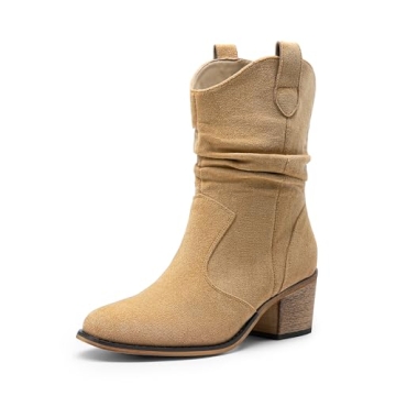 DREAM PAIRS Women's Modern Western Cowboy Boots, Mid Calf Round toe Chunky Heel Cowgirl Country Ankl...
