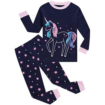 Little Pajamas 100% Cotton Girls Long Sleeve Pjs Unicorn Glow in The Dark Kids Sleepwear Size 6 Blue